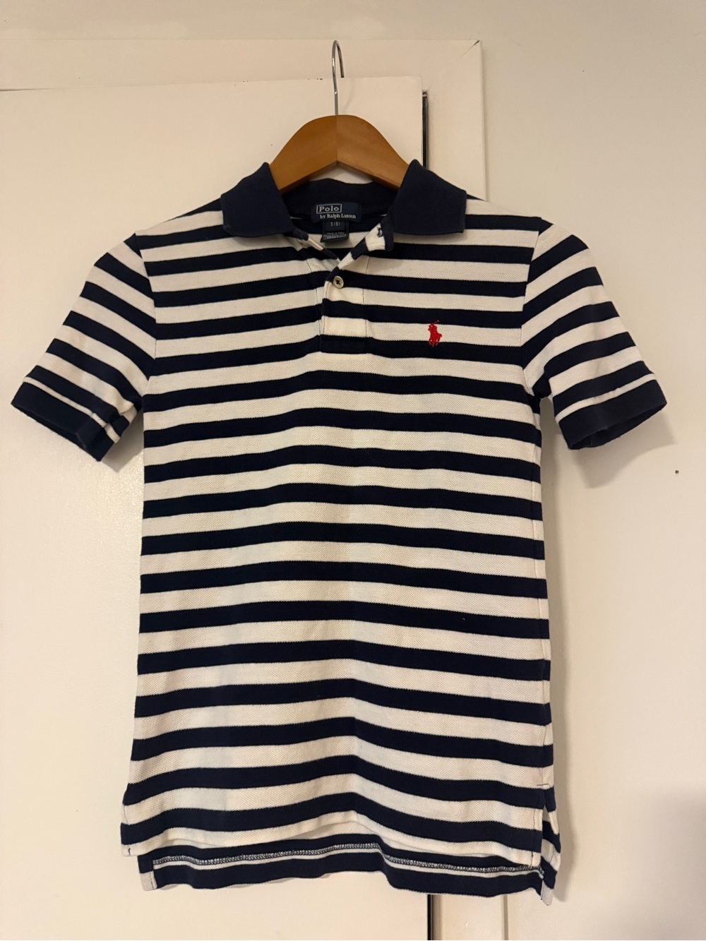 Ralph Lauren Navy & White Striped Polo with Red Pony